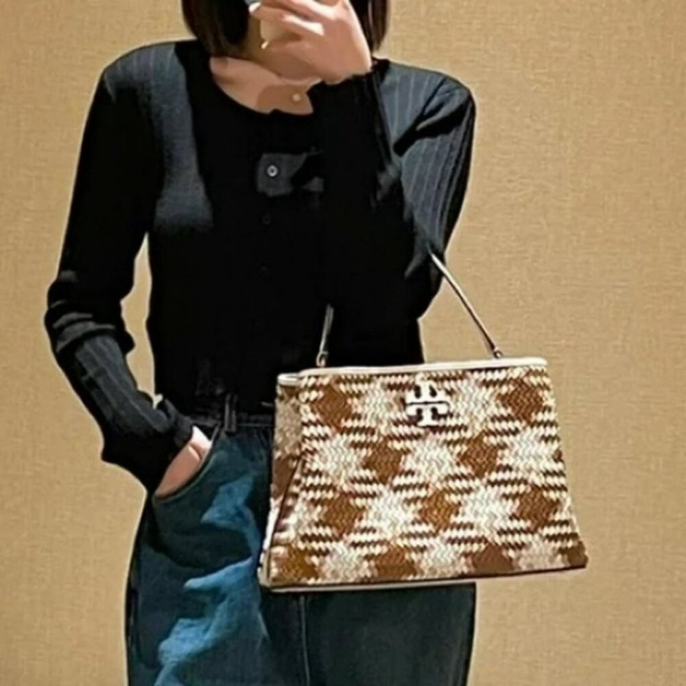 Tory Burch Britten Woven Satchel in Brown and Cream - Picture 14 of 15